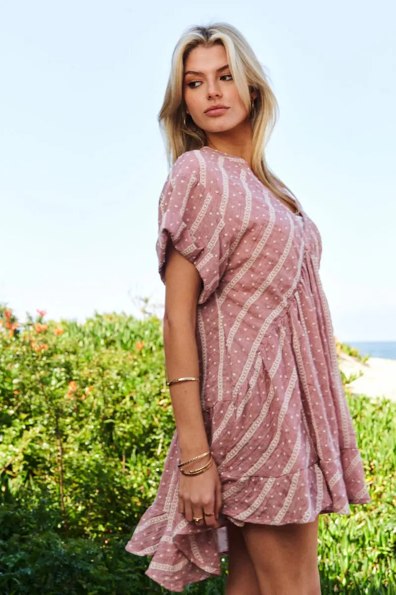 Davi & Dani Embroidery V Neck Short Sleeve Ruffled Mini Dress - Love Salve